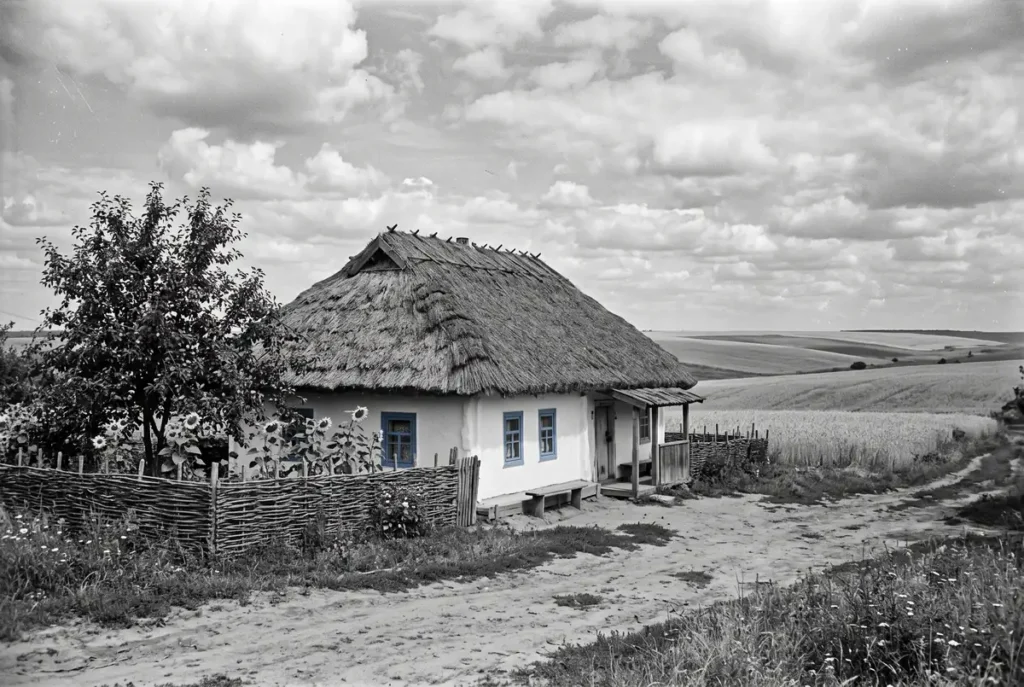 Белёная хата под соломенной крышей, подсолнухи и пшеничное поле: украинское село под Винницей в 1920-1930-е годы