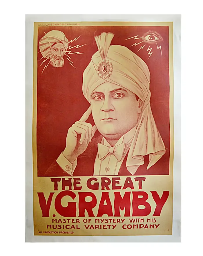 Афиша The Great V. Gramby: Василий де Грамби в тюрбане, парижская литография начала XX века